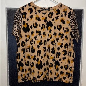 Zara Women’s Black and Tan Leopard Animal Print Short Sleeve Tshirt Size Large